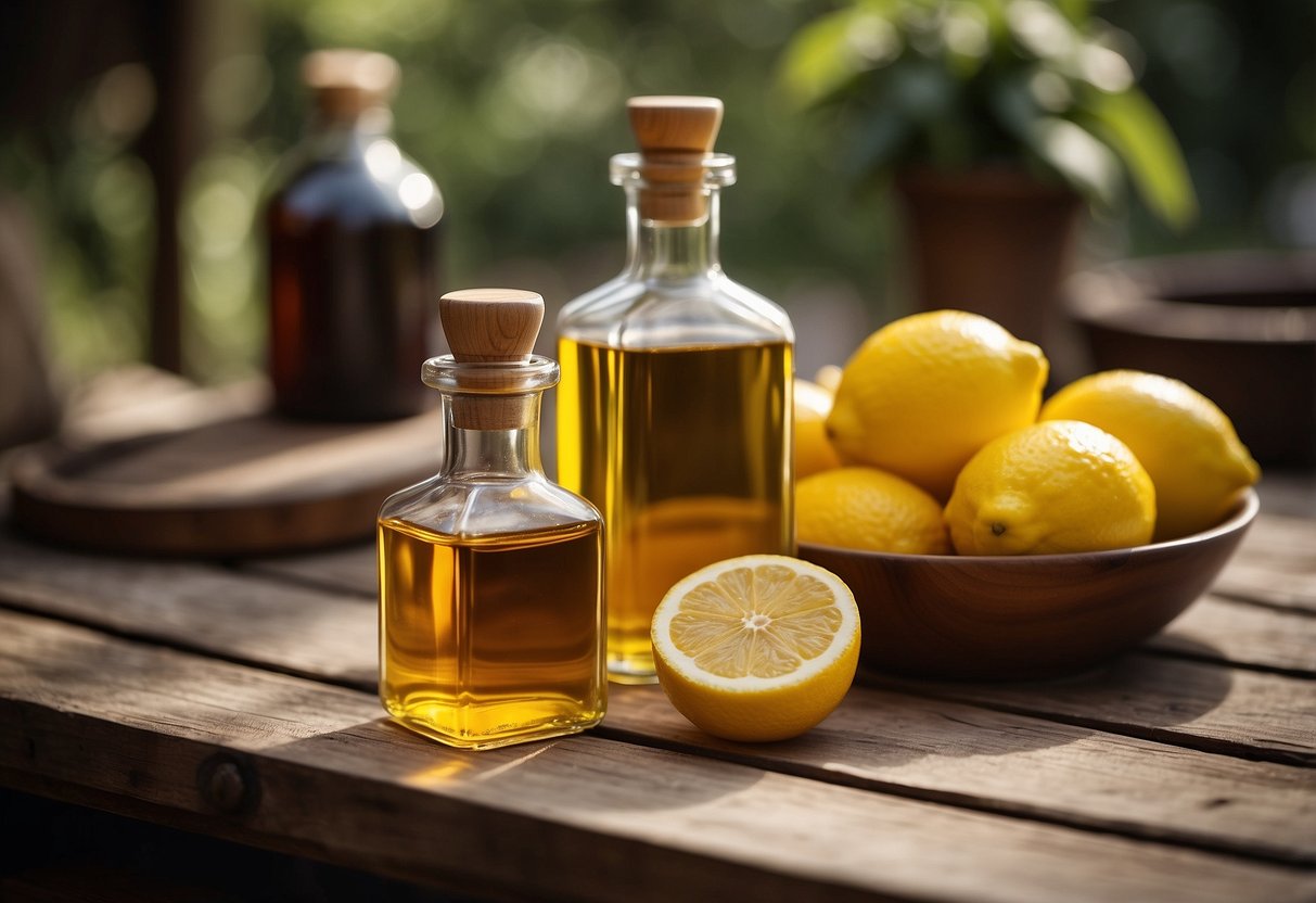 A bottle of oil, vinegar, and lemon juice sit on a wooden table, surrounded by a cloth and various wooden furniture pieces