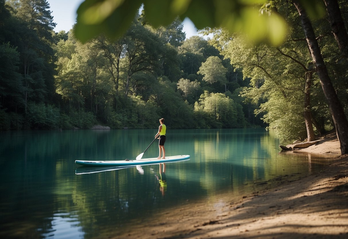 A calm lake with a clear blue sky, surrounded by lush green trees. A stand-up paddleboard sits on the shore, ready for a beginner to embark on a peaceful adventure