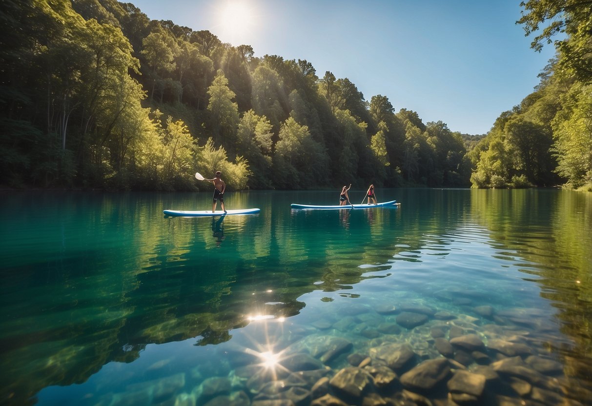 Crystal clear water reflects the vibrant blue sky as paddleboards glide smoothly along the serene river. Lush green trees line the banks, and the sun casts a warm glow over the peaceful landscape