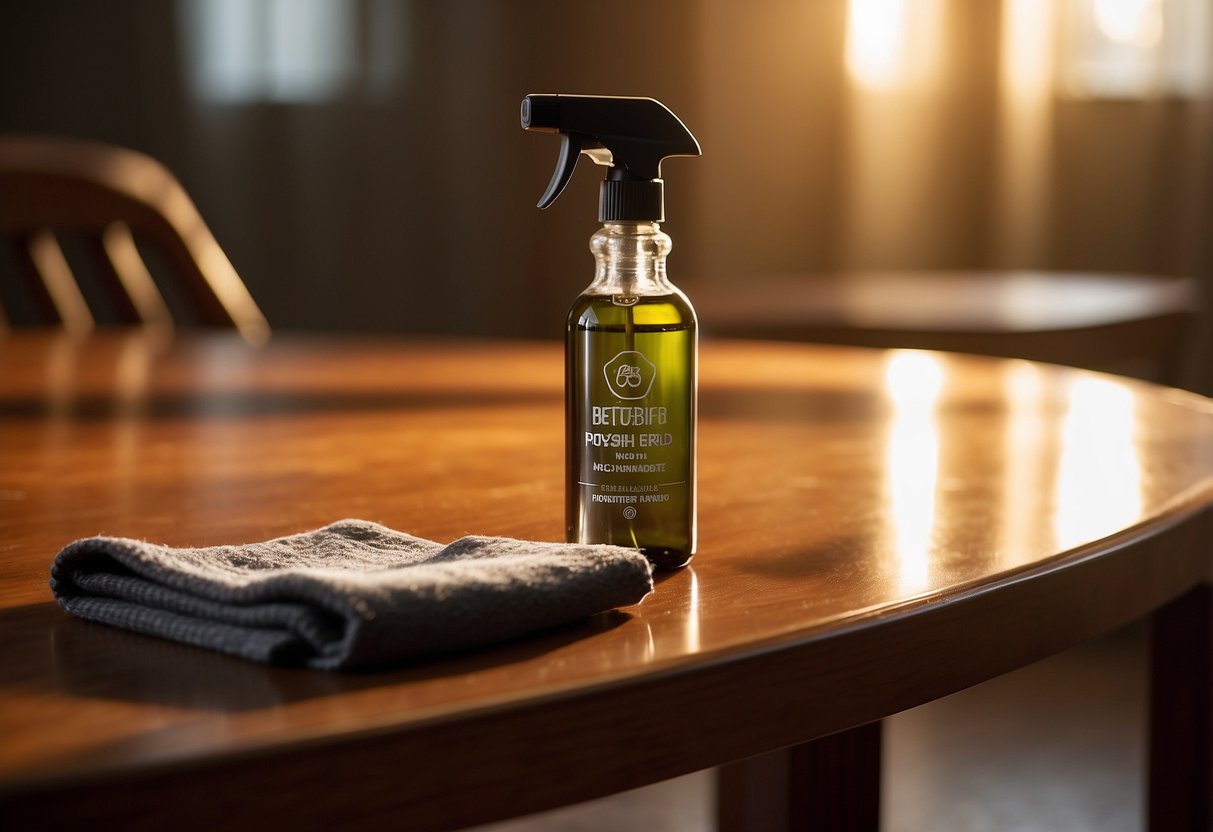 A wooden table gleams under warm light, polished to perfection with a homemade furniture polish. A spray bottle and a cloth sit nearby, ready for use