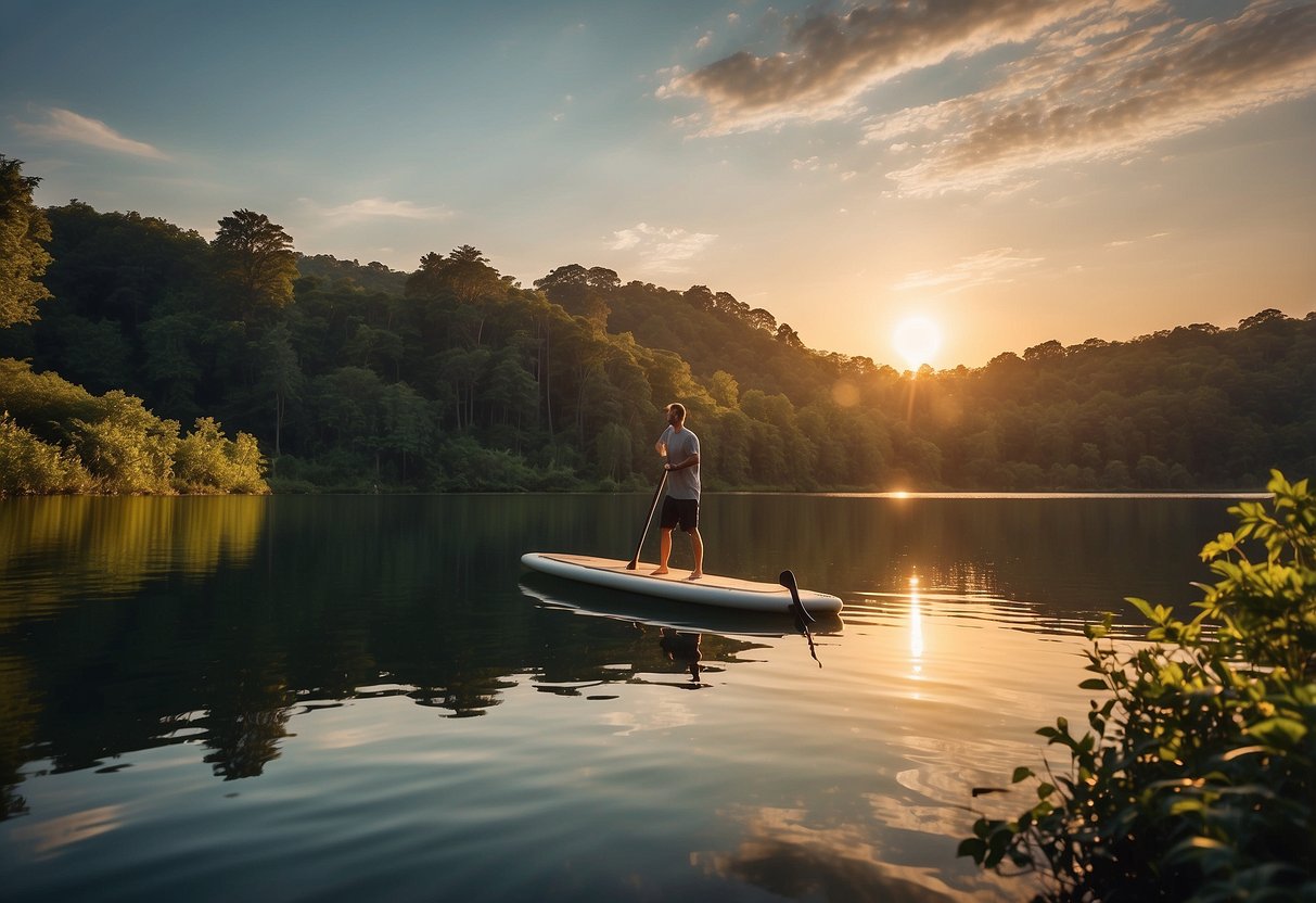 A serene lake surrounded by lush greenery, with a sturdy paddleboard resting on the calm water's surface. The sun sets in the distance, casting a warm glow over the tranquil scene