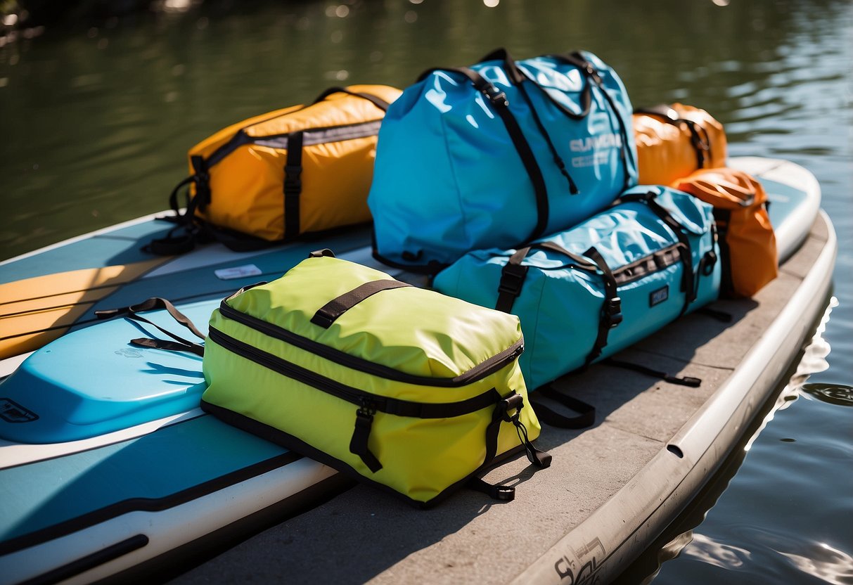 A group of waterproof bags arranged neatly on a paddleboard, with a map, snacks, and water bottles visible. The sun is shining, and the water is calm, suggesting a serene and enjoyable trip