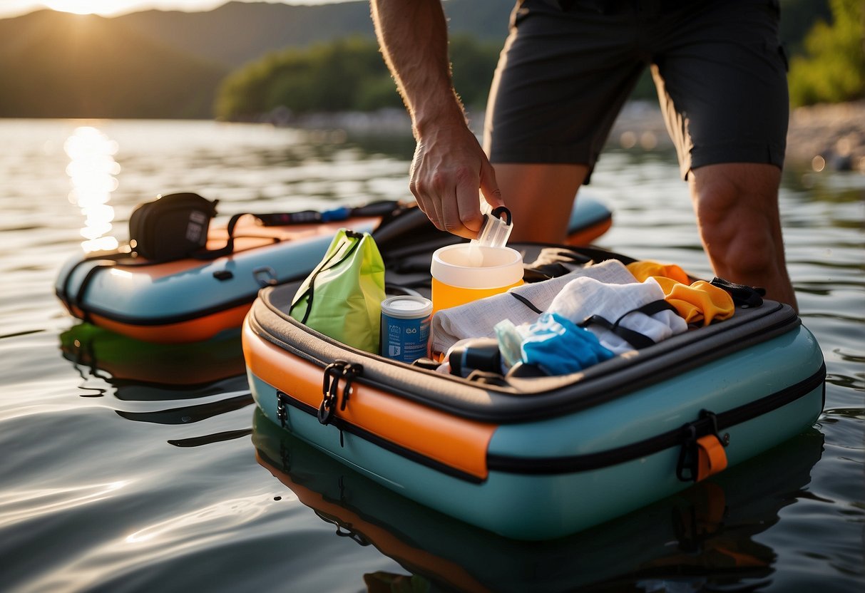 A person carries a first aid kit while packing a paddleboard and gear for a multi-day trip. The kit includes bandages, antiseptic wipes, and other supplies for emergencies