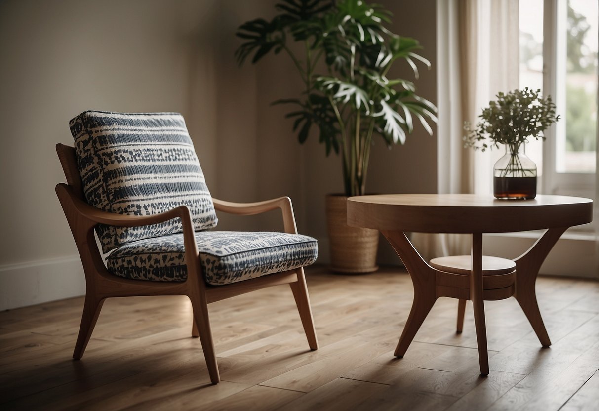 A room with a vintage, hand-carved chair and a sleek, modern table. The chair has intricate patterns and the table has a minimalist design