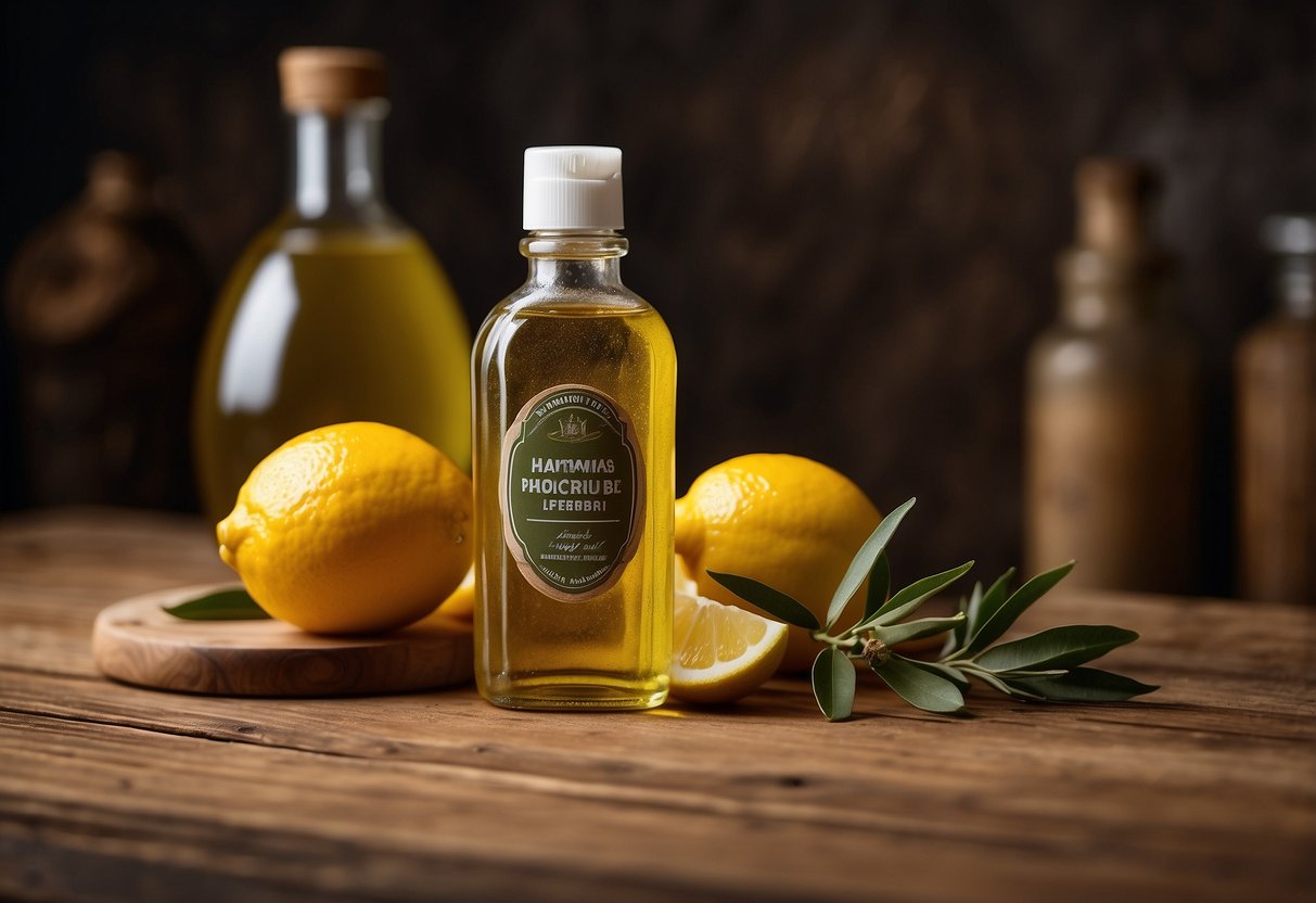 A hand reaches for a homemade furniture polish bottle on a wooden table, surrounded by natural ingredients like lemon and olive oil