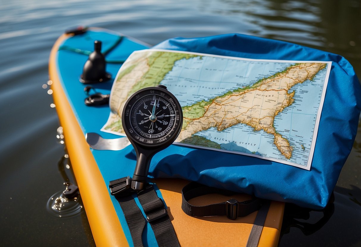 Blue skies and calm waters, with occasional gusts of wind. A map and compass lay on a paddleboard, next to a waterproof bag and a water bottle