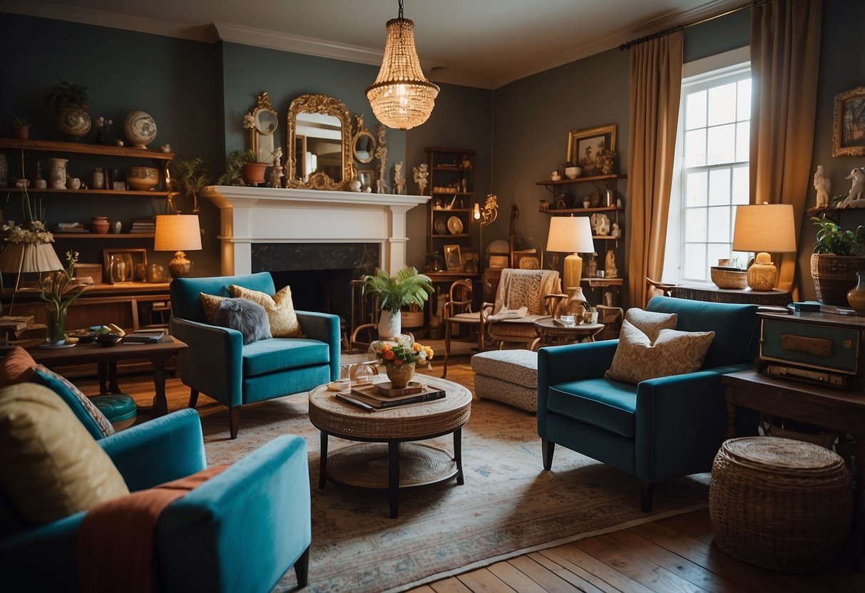 A room filled with eclectic furniture pieces of various shapes, colors, and materials. Each item exudes its own distinct style and character, creating a visually stimulating and unique space