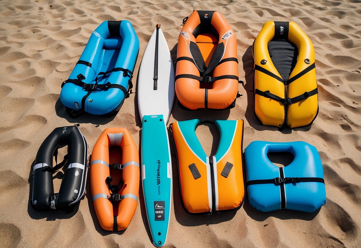 Brightly colored life jackets arranged on a sandy beach next to a paddleboard and paddle. Blue ocean and clear sky in the background