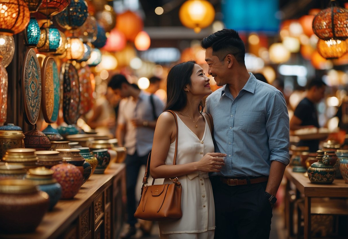A couple browses through a vibrant furniture market in Singapore, admiring colorful and intricate designs