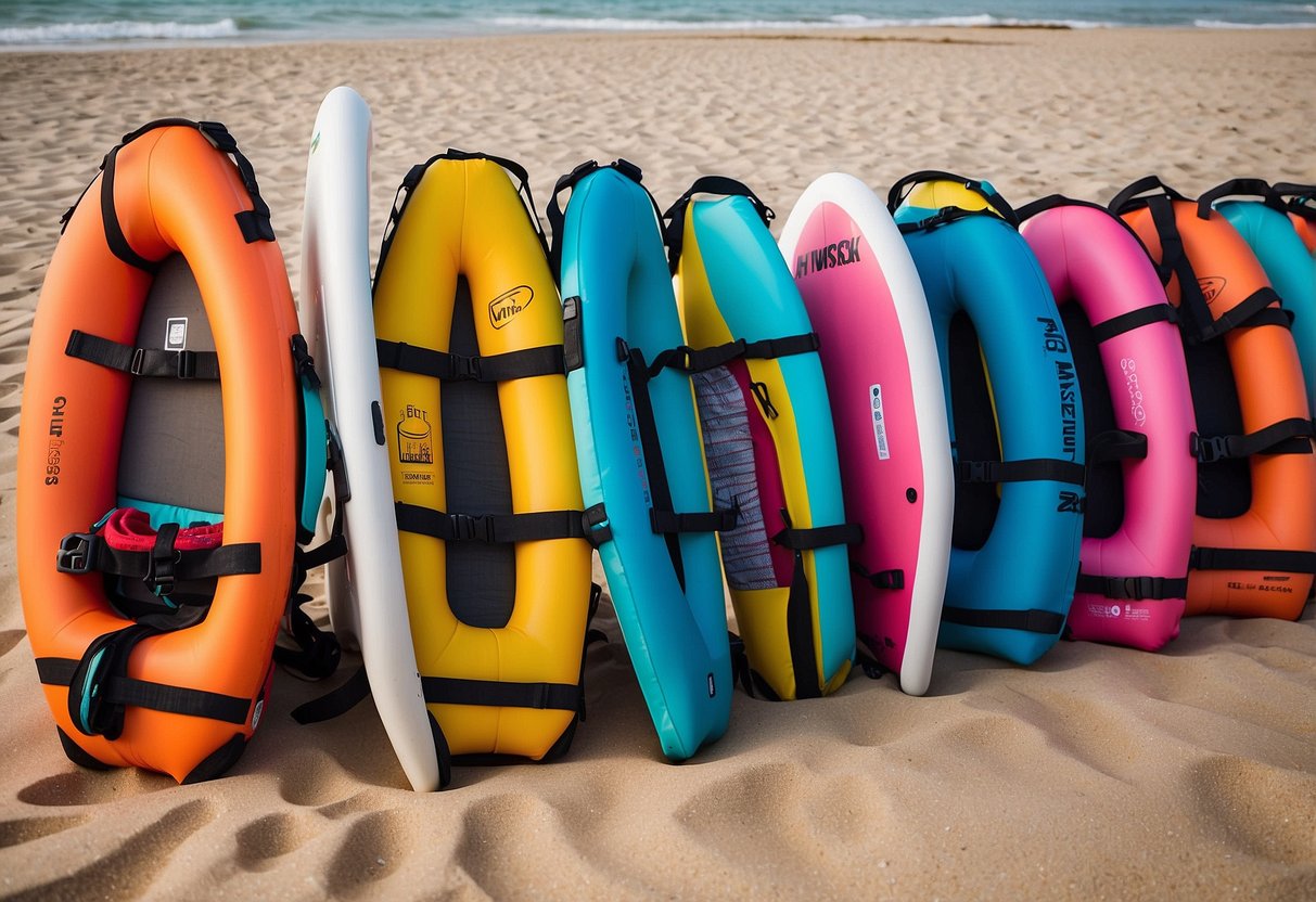 Brightly colored life jackets on a sandy beach with paddleboards in the background. Text "5 Best Life Jackets for Paddleboarding" displayed prominently