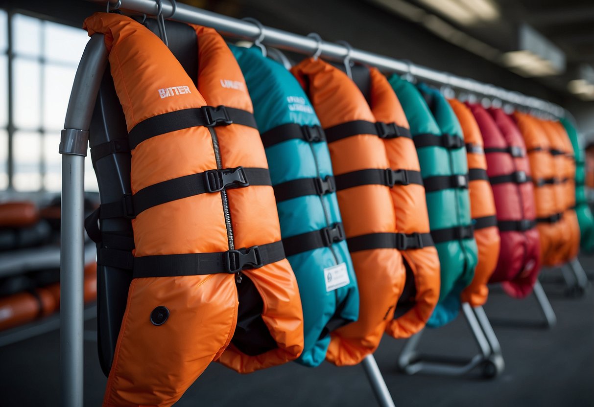 Brightly colored life jackets arranged neatly on a display rack with clear safety standards signage above