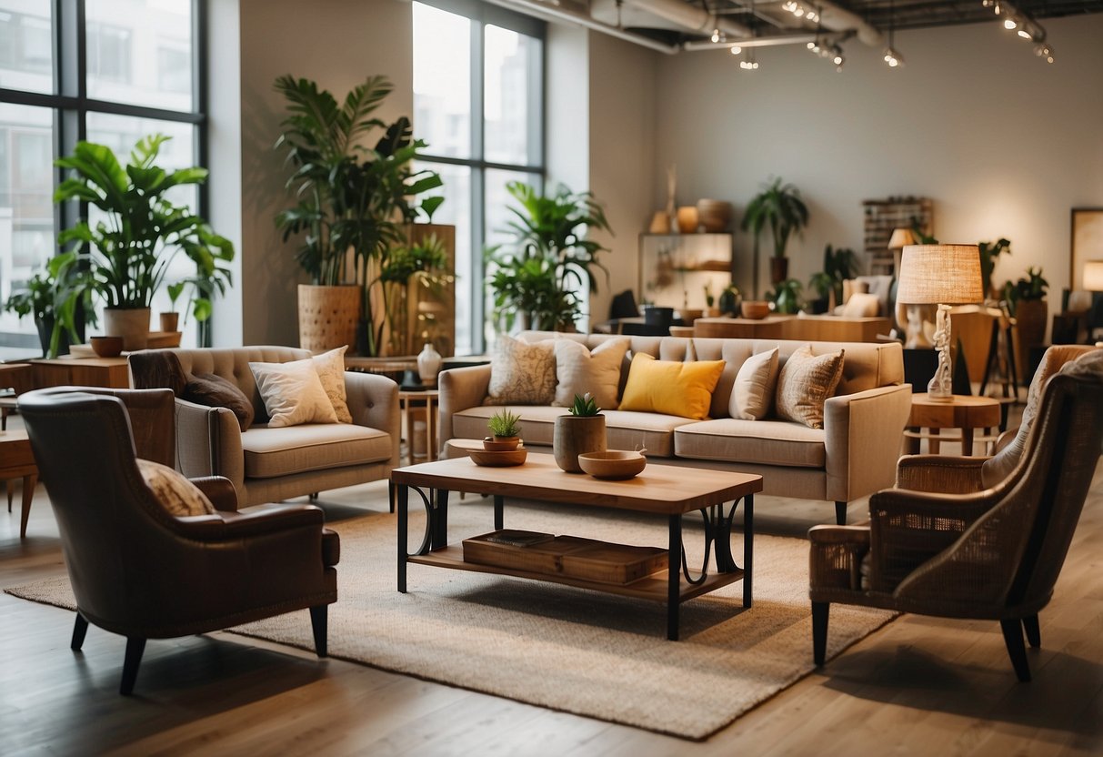 A diverse collection of unique furniture pieces displayed in a well-lit showroom, with customers browsing and admiring the craftsmanship