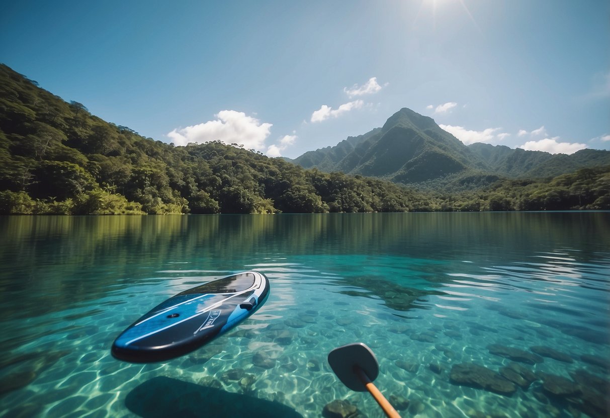 Crystal clear water reflects the vibrant blue sky as a paddleboard glides through a serene, tropical lagoon surrounded by lush greenery and towering mountains