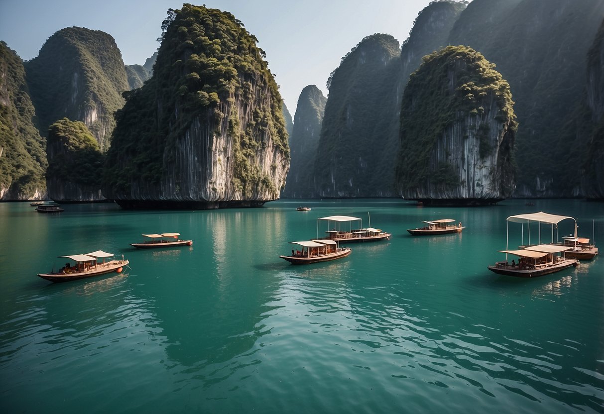 Crystal-clear waters surround limestone karsts in Halong Bay, Vietnam. Paddleboarders navigate through the scenic routes, surrounded by stunning natural beauty