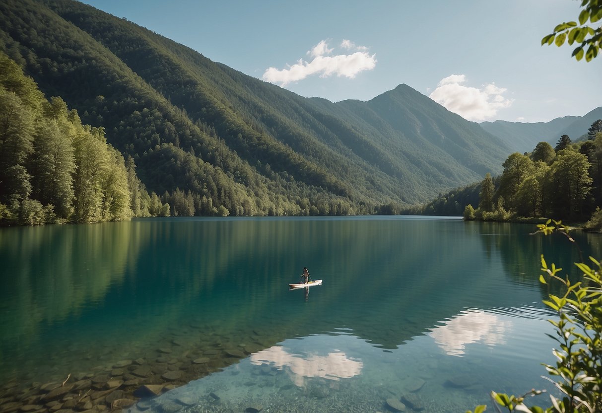 A serene lake surrounded by lush green mountains, with a paddleboard gliding across the calm water under a clear blue sky