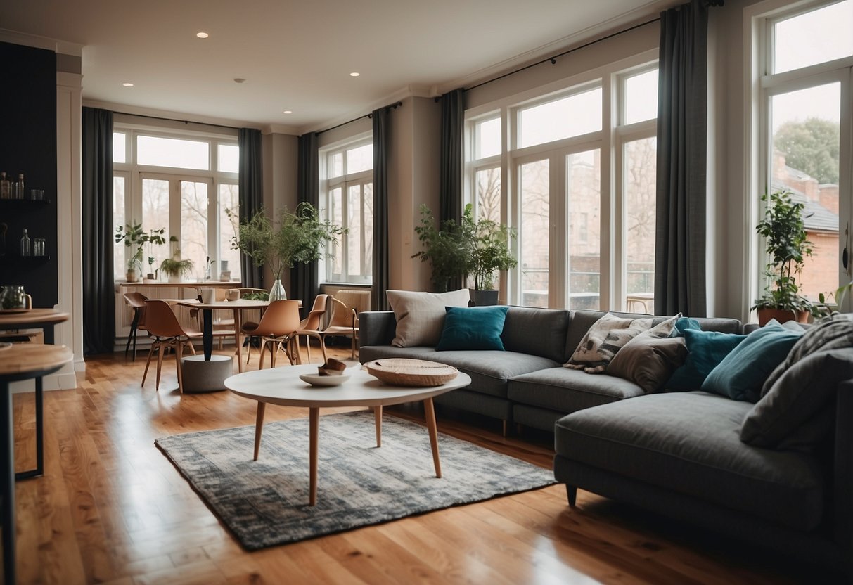 A living room with a hardwood floor and various furniture pads underneath chairs, tables, and sofas