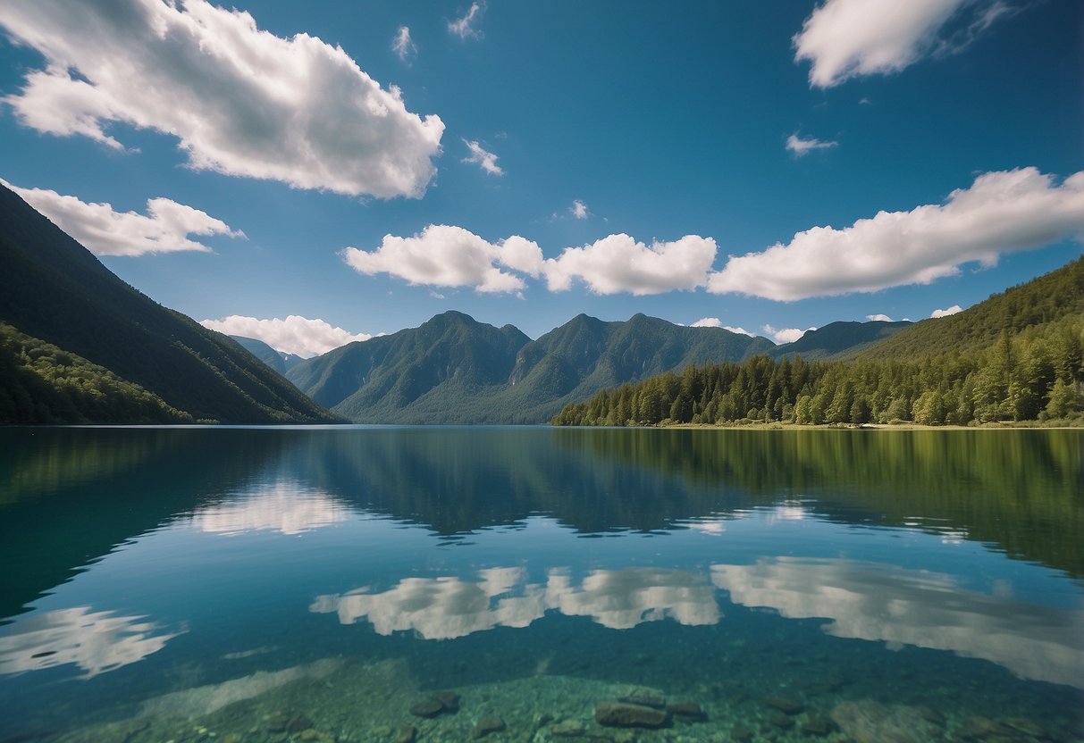 Crystal clear waters reflect the lush greenery of the surrounding mountains. A paddleboard glides peacefully through the serene landscape, with a backdrop of blue skies and fluffy white clouds