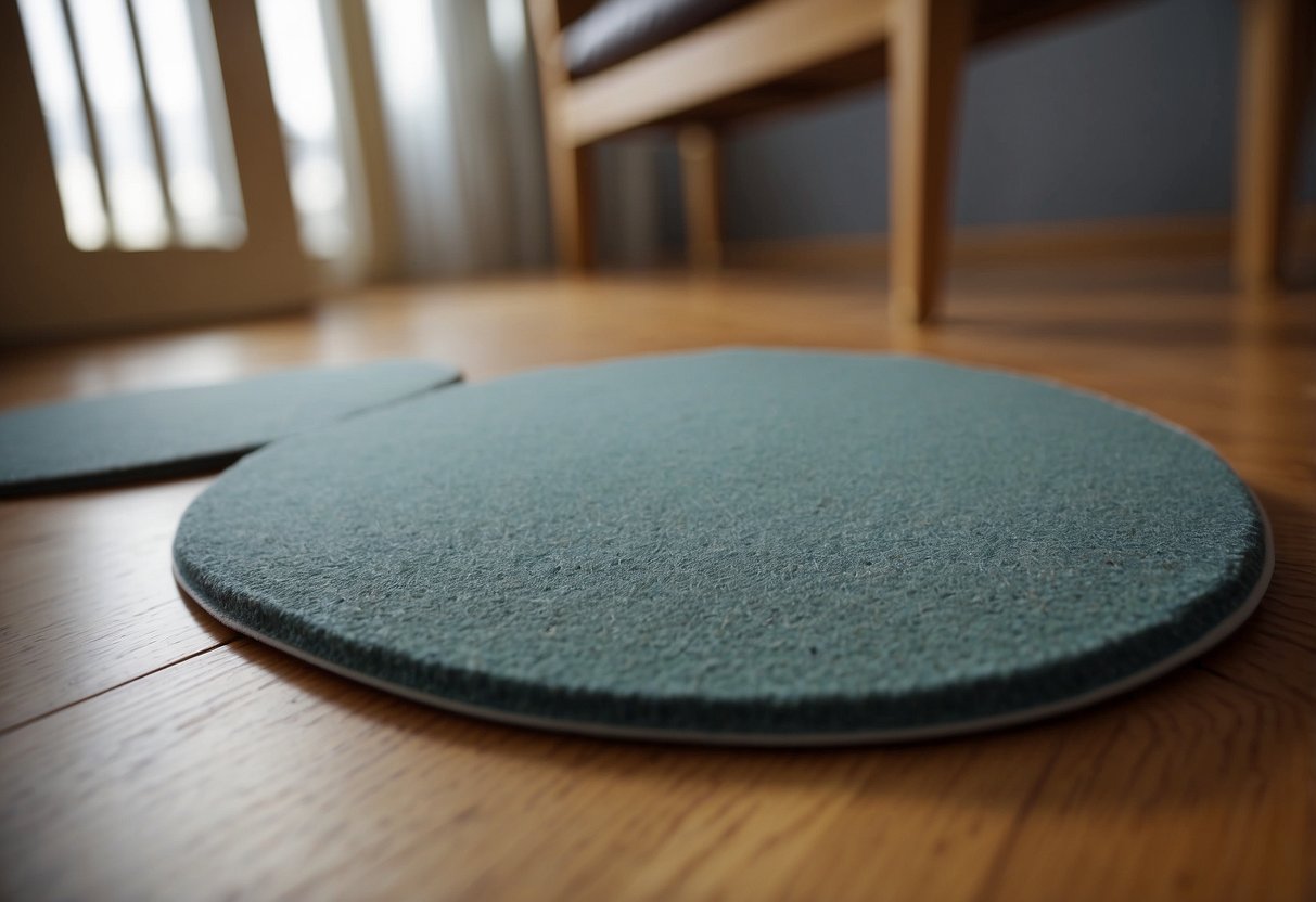 Furniture pads are placed under chair legs on a hardwood floor. The pads are round with a soft felt material on one side and a sticky adhesive on the other