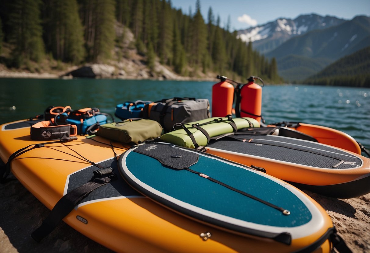 Paddleboards, life jackets, and gear neatly organized in a waterproof bag. Sunscreen, snacks, and water bottles packed alongside. Map and compass ready for adventure