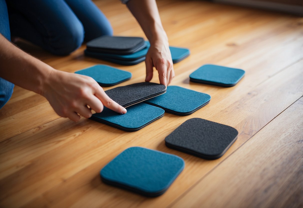 A person selects and installs furniture pads on hardwood floors