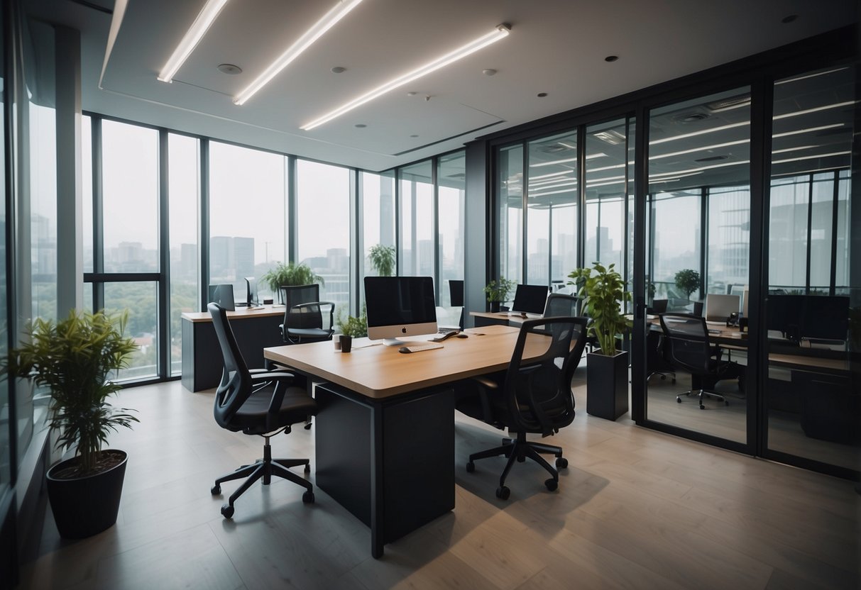 A modern office with sleek, readymade furniture arranged in a functional and professional layout