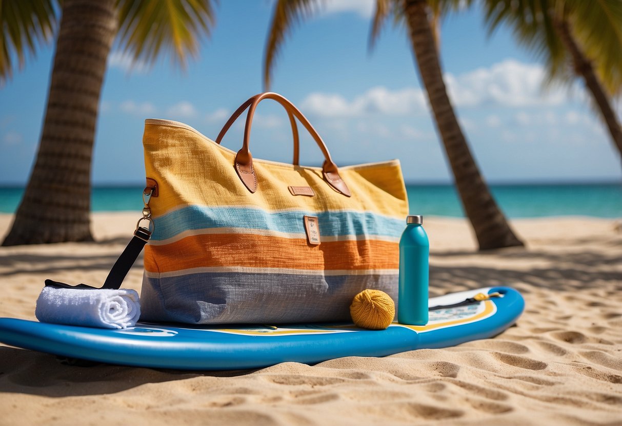 A colorful beach bag open on a sandy shore, with a folded quick-dry towel, sunscreen, and a water bottle inside. A paddleboard rests against a palm tree in the background