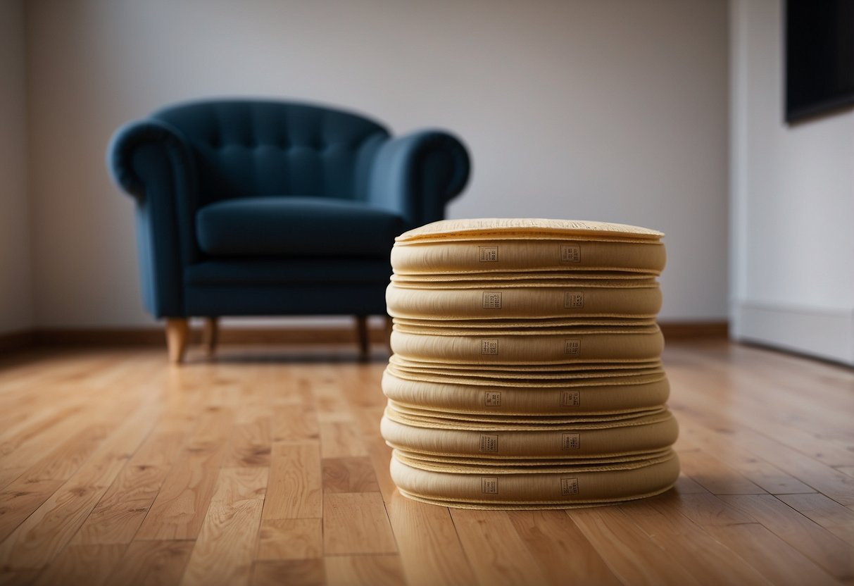 A stack of furniture pads sits on a hardwood floor, with a chair leg resting on one to demonstrate its use. The pads are labeled "Frequently Asked Questions furniture pads for hardwood floors."