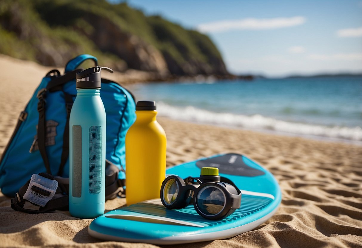 A reusable water bottle sits next to neatly packed paddleboarding gear on a sandy beach, with a checklist of efficient packing tips in the background