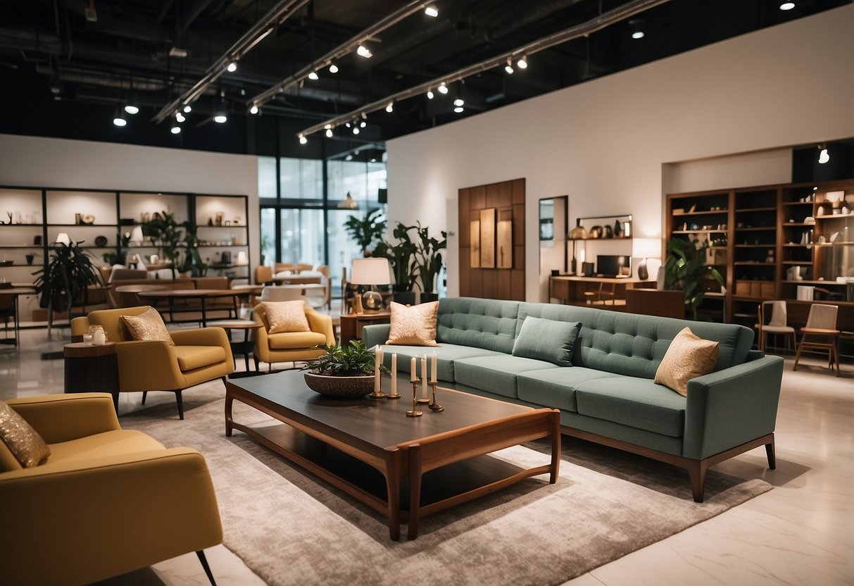 A furniture shop in Ubi, Singapore, with shelves of neatly arranged chairs, tables, and sofas. Bright lights illuminate the spacious showroom