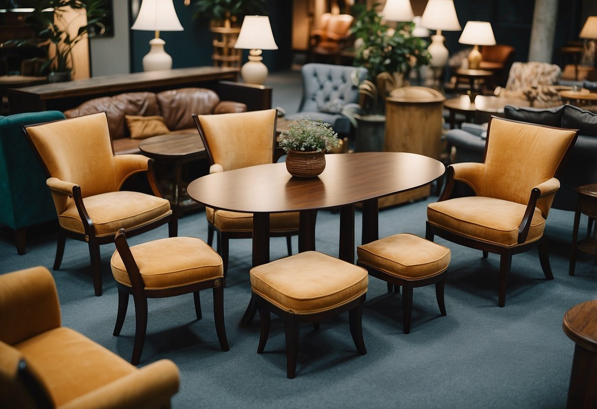 Various pieces of used furniture arranged in an online marketplace. Tables, chairs, and sofas are displayed for sale with detailed descriptions