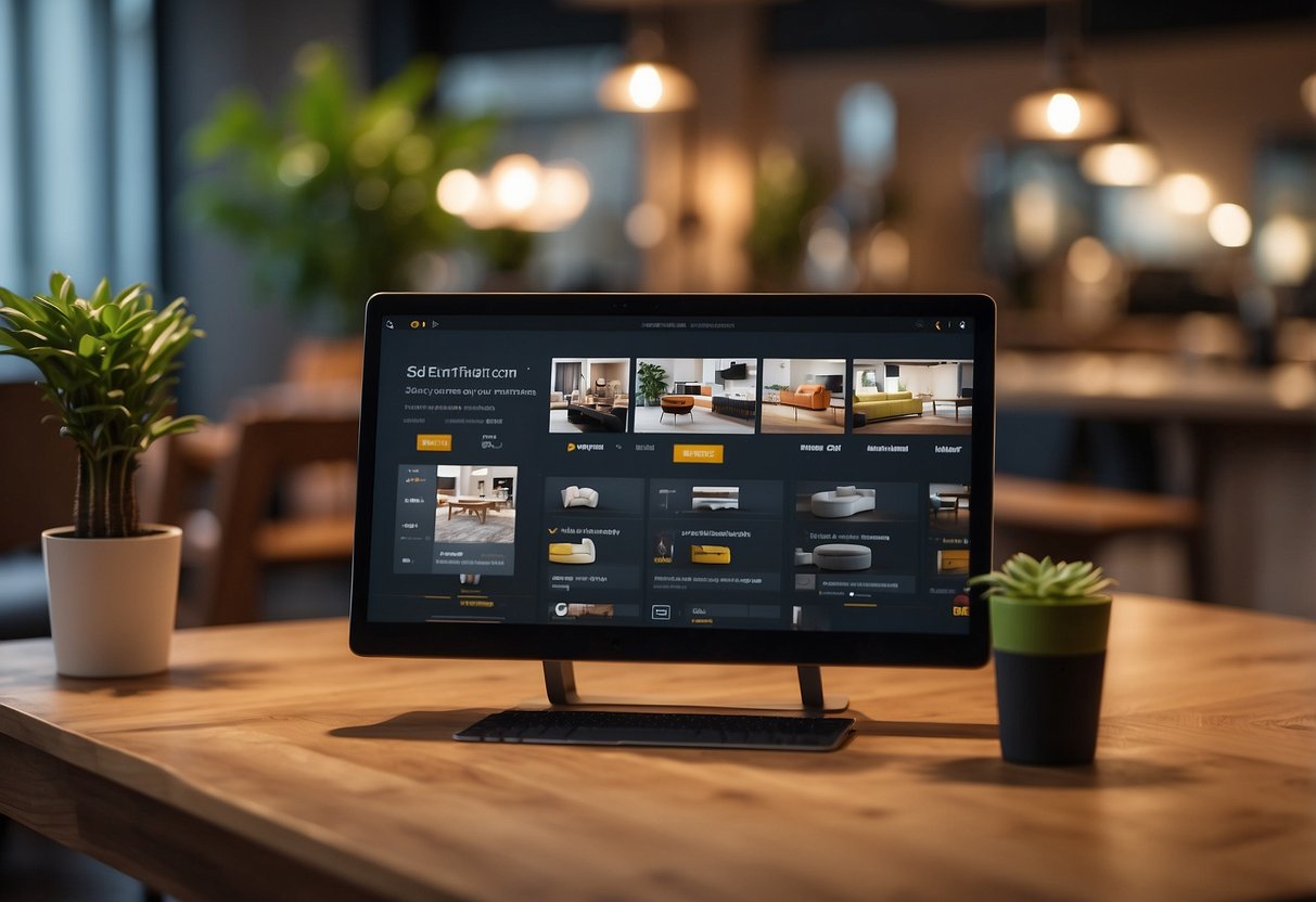 Various furniture items displayed on a digital platform, with search bar, filters, and seller ratings. Users browsing, adding items to cart