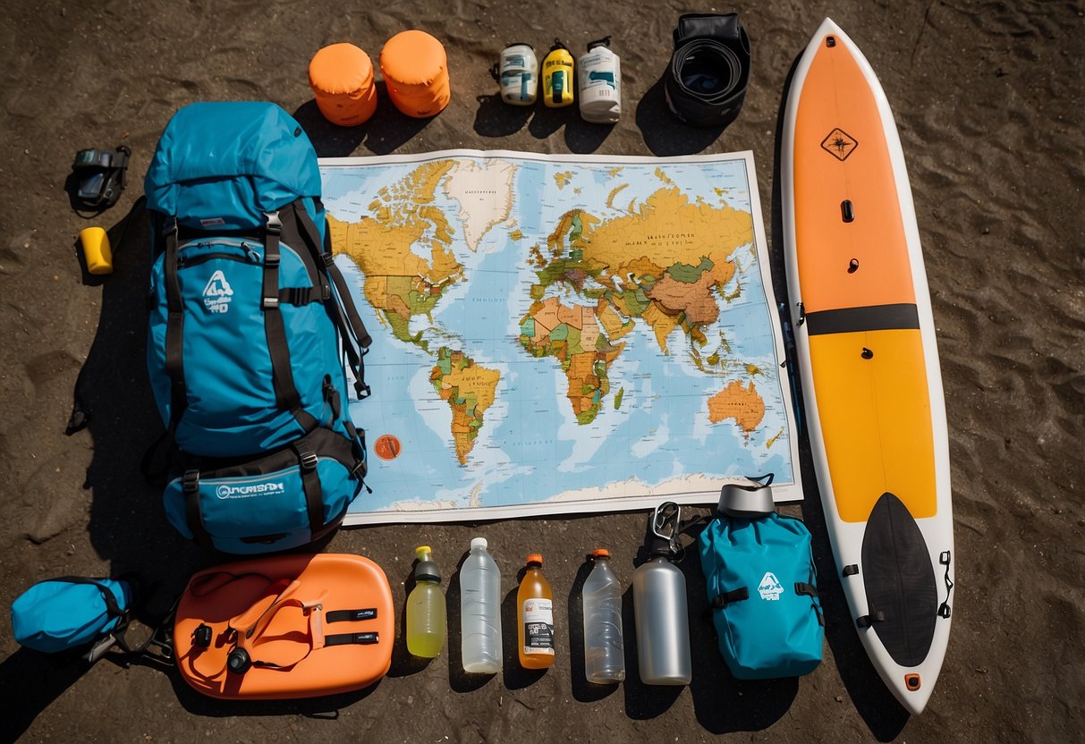 Paddleboards laid out with gear: life jackets, dry bags, water bottles, sunscreen, and snacks. A map and compass sit nearby, ready for use