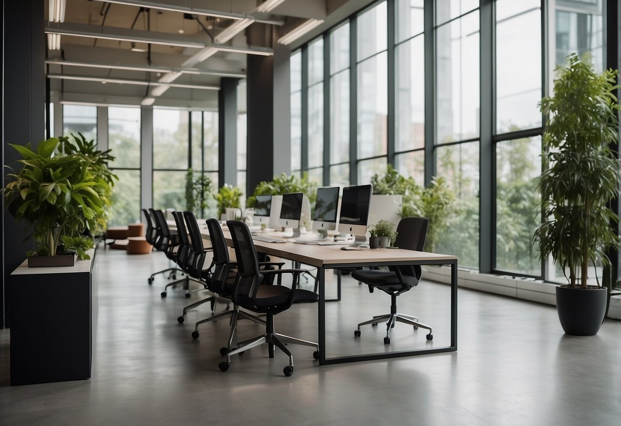 A spacious office with modern, ergonomic furniture arranged in an open layout, with plenty of natural light and greenery