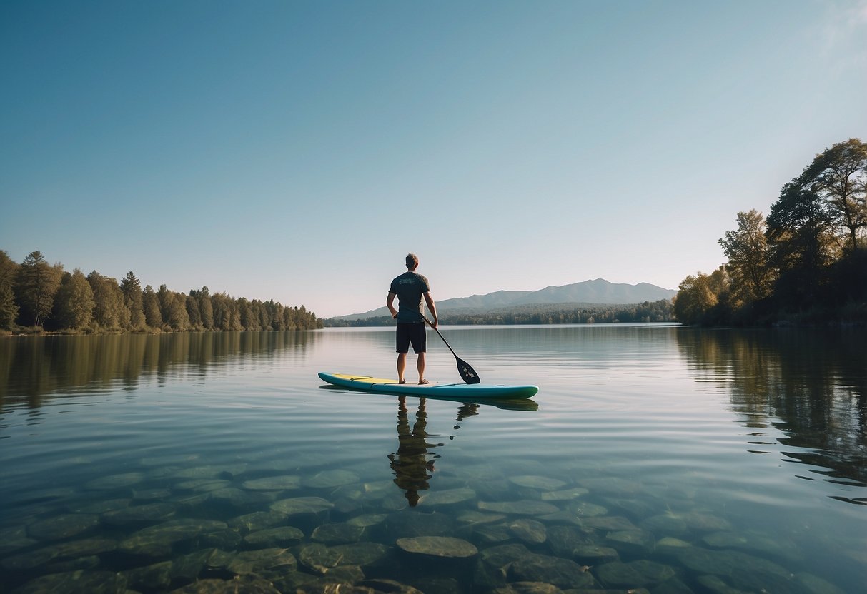 A serene lake with a paddleboarder in lightweight, quick-drying apparel, surrounded by calm waters and a clear blue sky