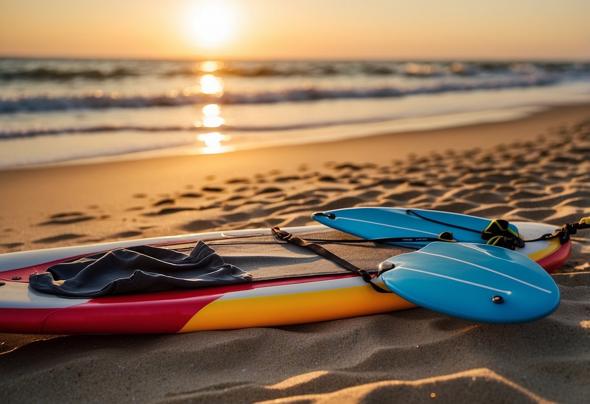 A woman's swim shirt lays on a sandy beach, with a paddleboard and paddle nearby. The sun shines brightly, casting a warm glow on the scene