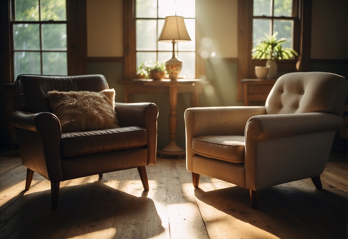 A cozy living room with a vintage armchair, a reclaimed wood coffee table, and a retro floor lamp. The sunlight streams through the window, highlighting the character and charm of the pre-loved pieces