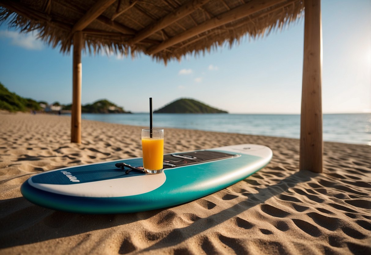 A bright, sunny beach with calm waters and a paddleboard resting on the sand. The Body Glove Women's Smoothies Sleek Solid Bikini Top is laid out next to a lightweight paddleboarding apparel set