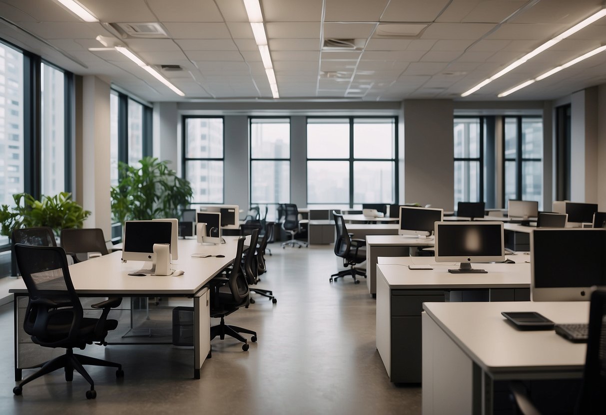 A modern office space with rows of sleek, minimalist desks and ergonomic chairs. A sign above reads "Frequently Asked Questions" for readymade office furniture