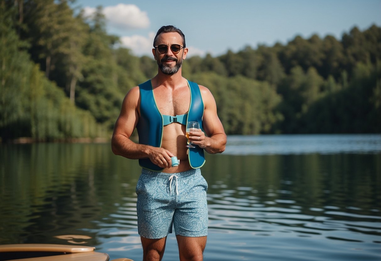 A man wearing Speedo UV swim shorts paddles on a calm lake, surrounded by lush greenery and a clear blue sky