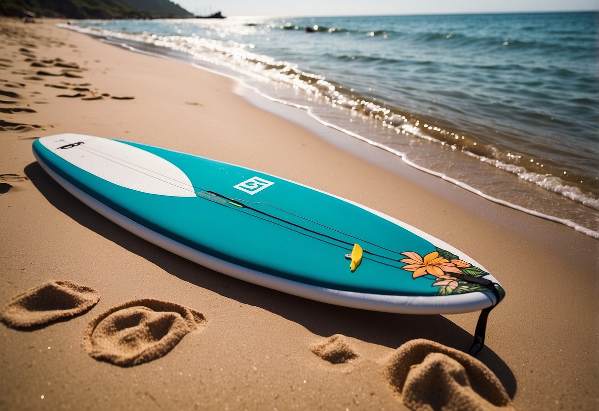 A sunny beach with calm waters, a paddleboard resting on the sand, and a pair of Roxy Women's "Endless Summer 2" boardshorts laid out nearby