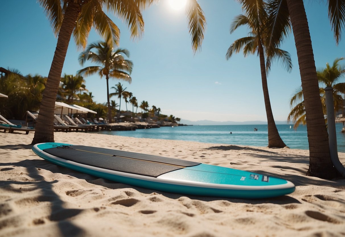 Bright, sunny beach setting with a calm ocean. Paddleboard and lightweight apparel displayed prominently. Blue skies and palm trees in the background