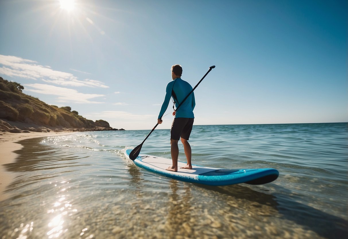 A calm, sunny beach with clear blue water and a gentle breeze. A paddleboarder wearing lightweight, breathable apparel stands on the shore, ready to hit the water