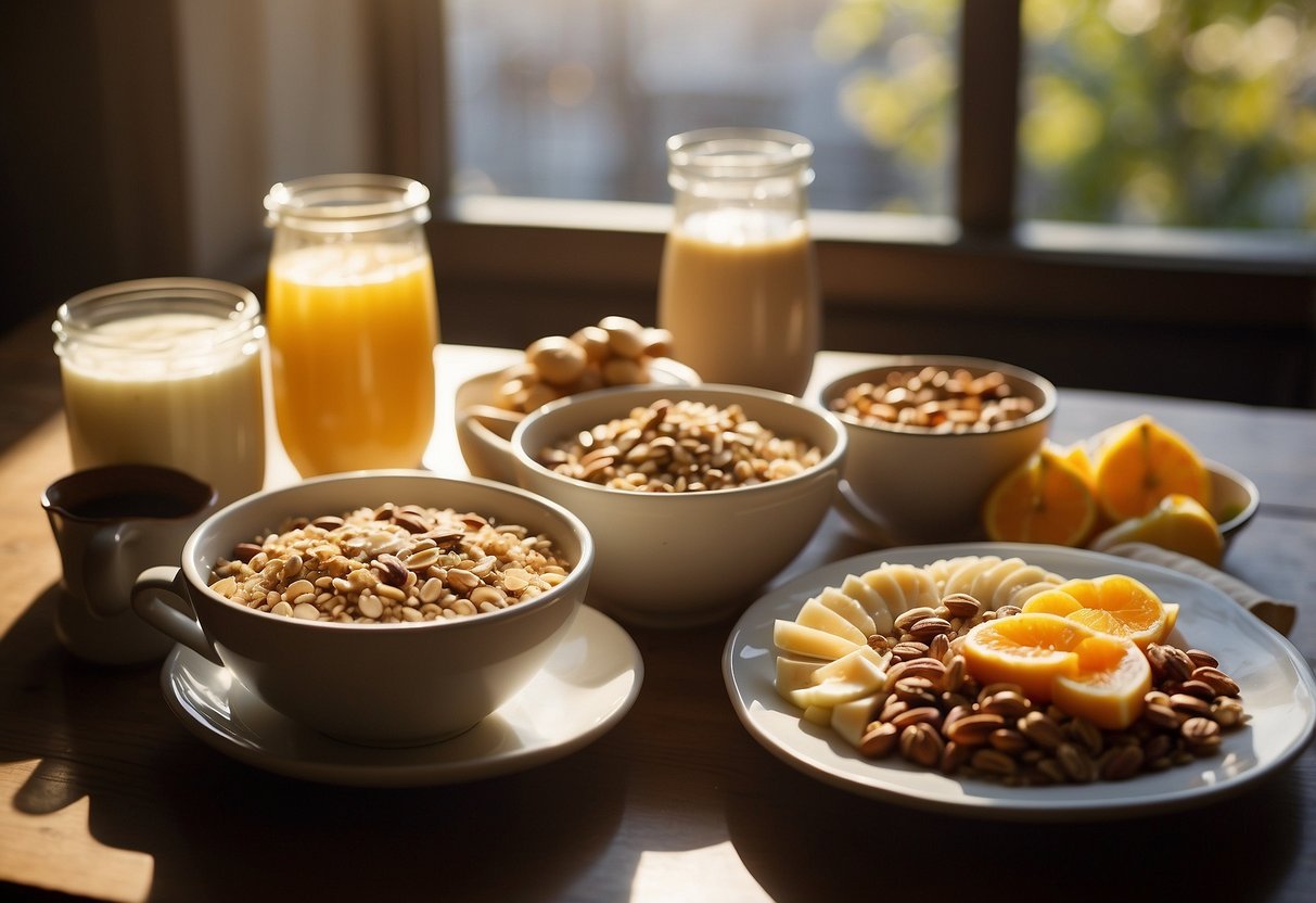 A table with a variety of breakfast foods: oatmeal, fruit, eggs, yogurt, granola, smoothie, toast, nuts, and coffee. Sunlight streams in through a window, casting a warm glow on the spread