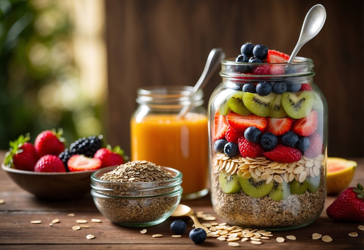 A glass jar filled with layers of oats, chia seeds, and colorful fresh fruit, set on a wooden table with a spoon beside it