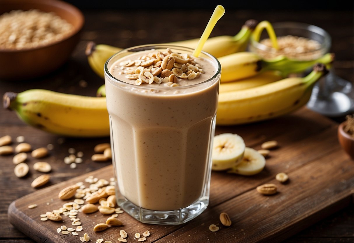 A glass filled with a creamy peanut butter and banana smoothie, topped with a sprinkle of oats and a sliced banana for garnish, sitting on a rustic wooden table