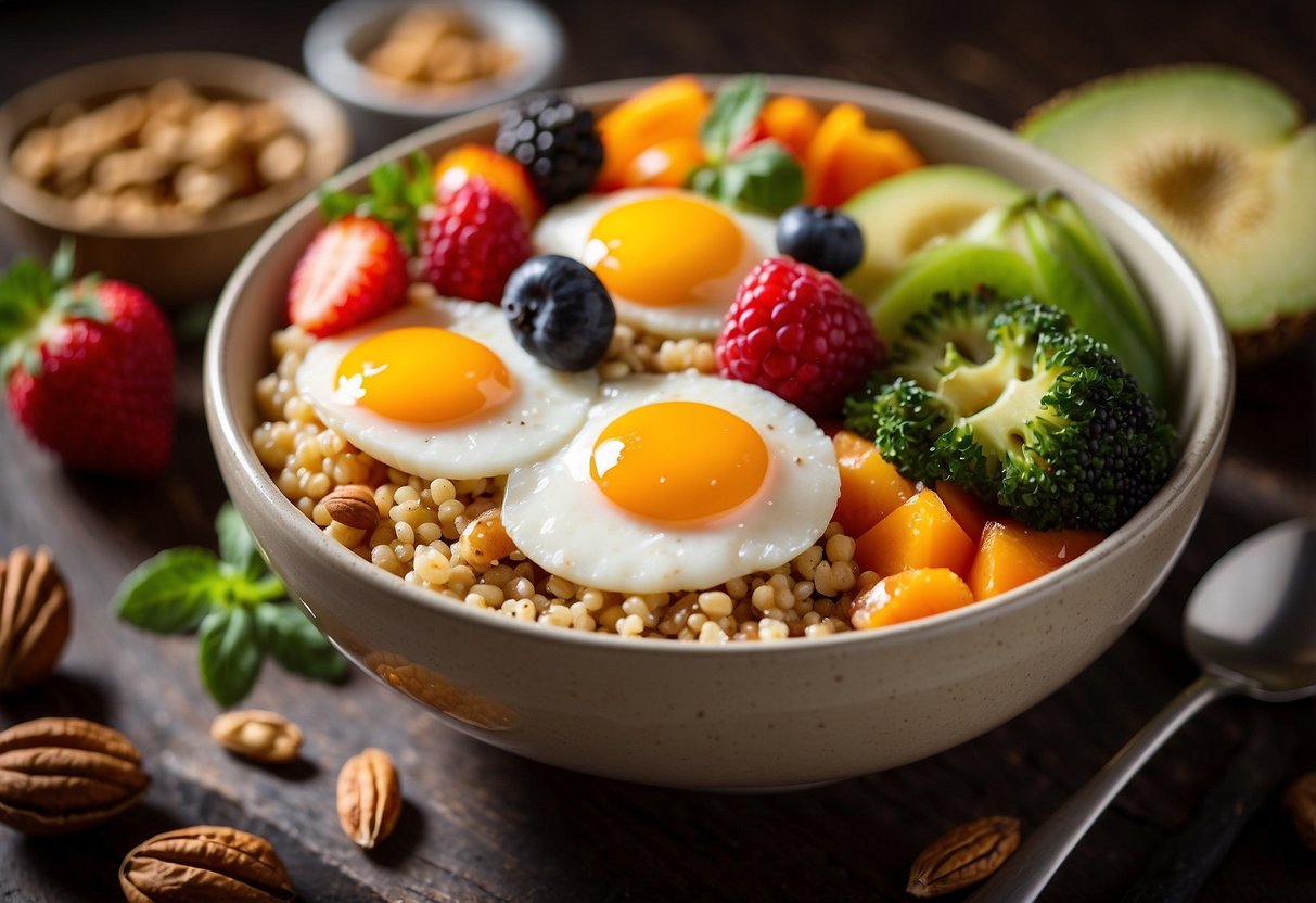 A colorful breakfast bowl with quinoa, topped with fresh vegetables, fruits, and nuts. A ray of sunlight shines on the table