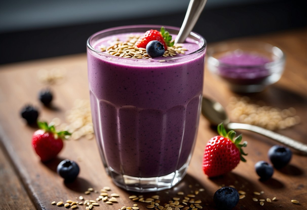 A glass filled with a vibrant purple smoothie, topped with a sprinkle of flaxseeds and a few fresh berries on the rim. A spoon rests beside the glass, ready to be used