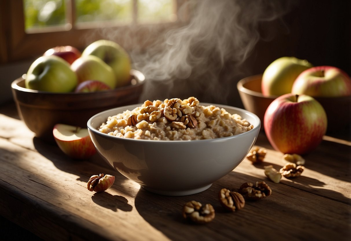 A steaming bowl of apple and walnut oatmeal sits on a rustic wooden table, surrounded by a scattering of whole apples and walnuts. Sunlight filters through a nearby window, casting a warm glow over the scene