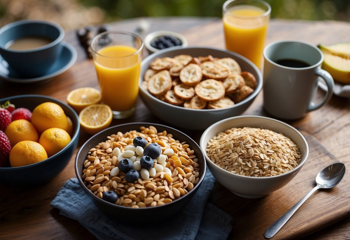 A table set with a variety of nutritious breakfast options, including fruits, whole grains, and protein sources. A map and hiking gear sit nearby, emphasizing the importance of fueling up before a trip