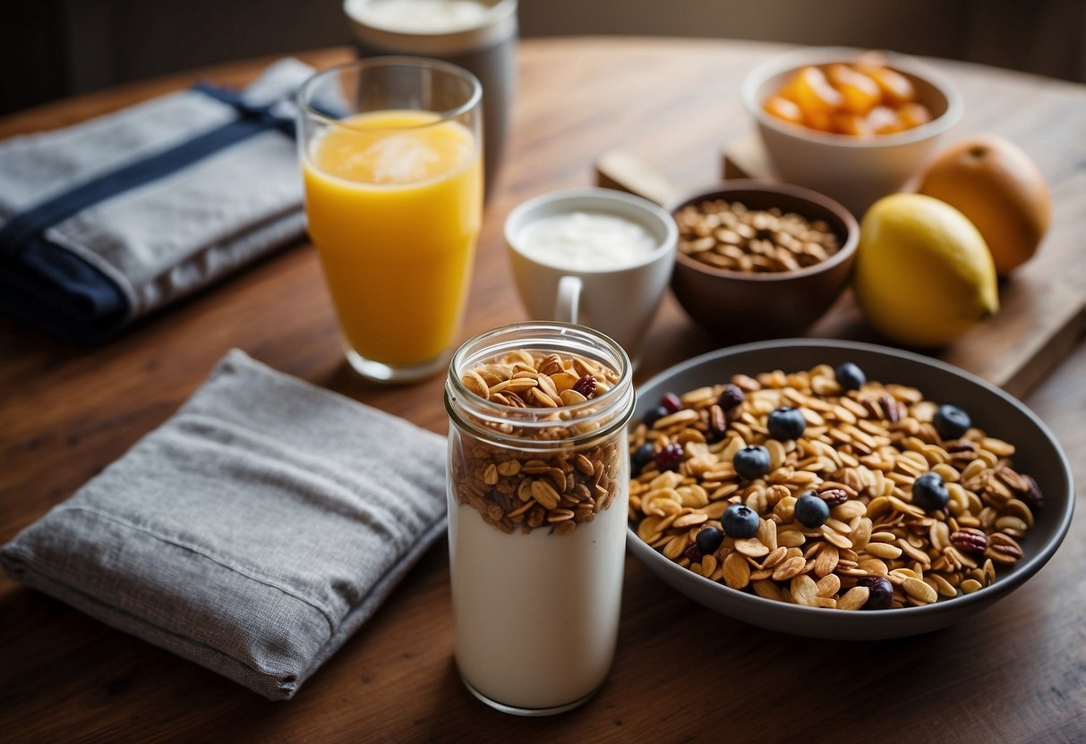 A table with a variety of breakfast items laid out, including granola bars, fruit, yogurt, and a thermos of coffee. A backpack and travel mug sit nearby, ready to grab and go